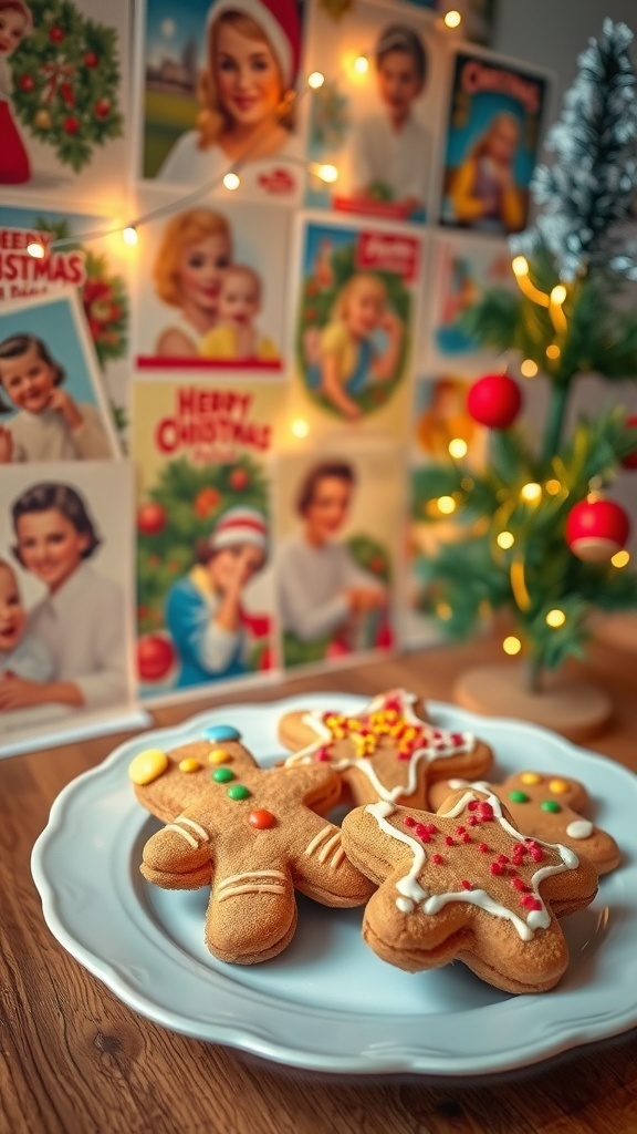 A plate of decorated gingerbread cookies with vintage Christmas cards in the background.